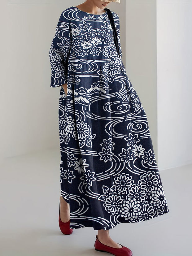 Japanese Art Print Round Neck Loose Midi Dress