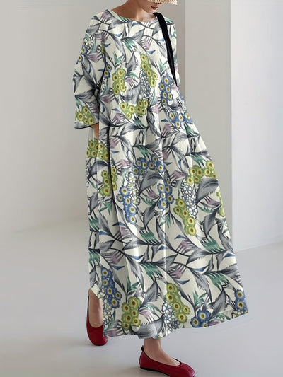 Japanese Art Print Round Neck Midi Dress