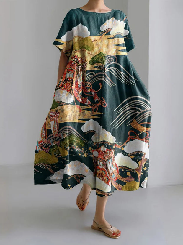 Japanese Art Print Short Sleeve Casual Midi Dress