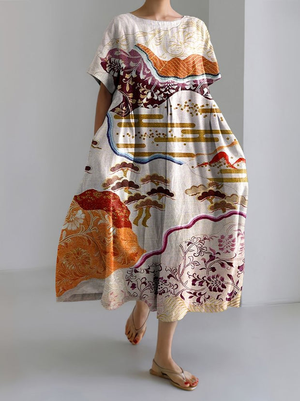 Japanese Art Print Short Sleeve Loose Midi Dress