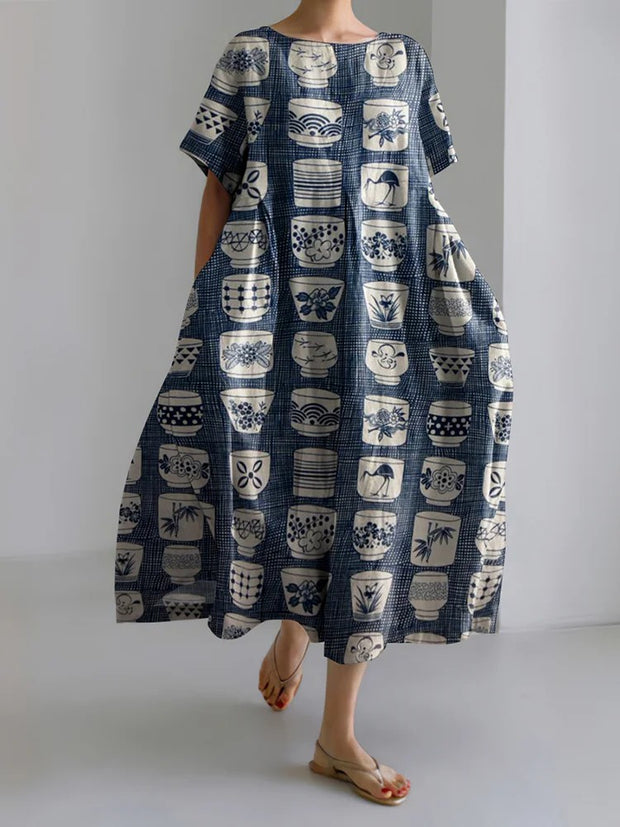 Japanese Art Print Short Sleeve Loose Midi Dress