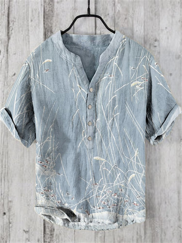 Japanese Art Print V-Neck Linen Blend Cozy Shirt