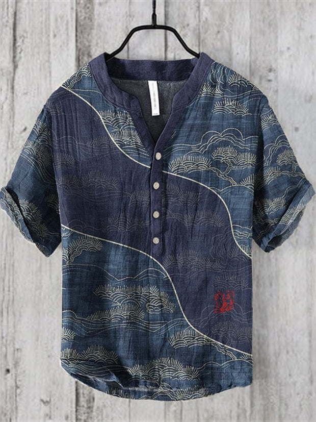 Japanese Art Print V-Neck Short Sleeved Shirt