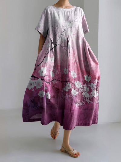 Japanese Art Round Neck Sakura Gradient Print Linen Blend Dress