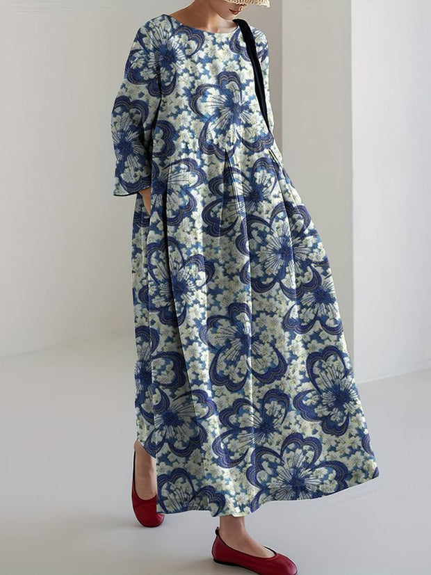 Japanese Art Sakura Print Loose Midi Dress