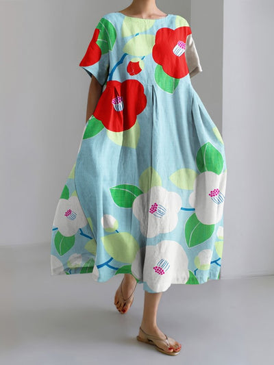 Japanese Art Sakura Print Round Neck Loose Midi Dress