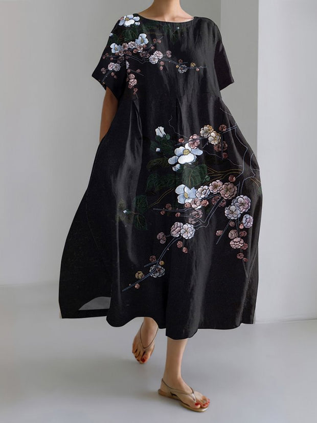 Japanese Art Sakura Print Short Sleeve Loose Midi Dress