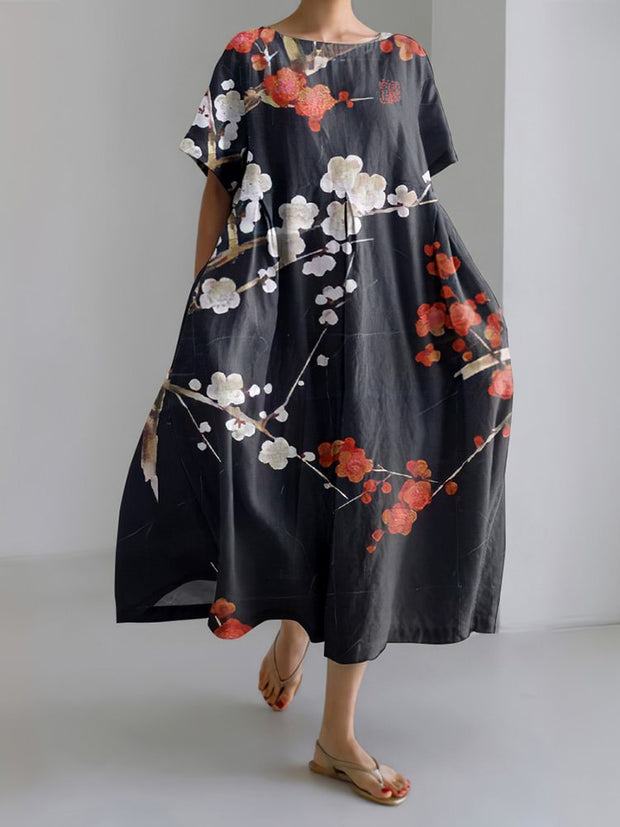 Japanese Art Sakura Print Short Sleeve Midi Dress