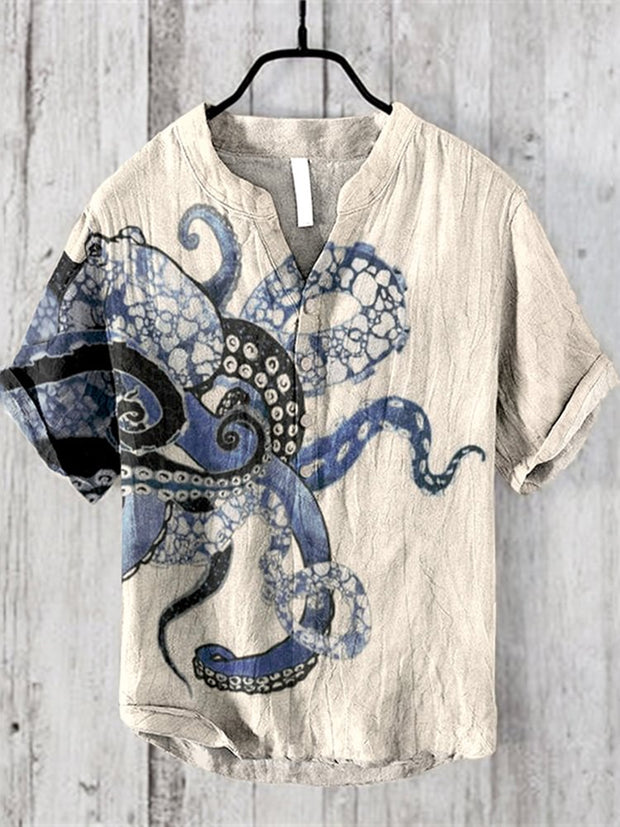 Japanese Art Sea Octopus Graphic Linen Blend Shirt