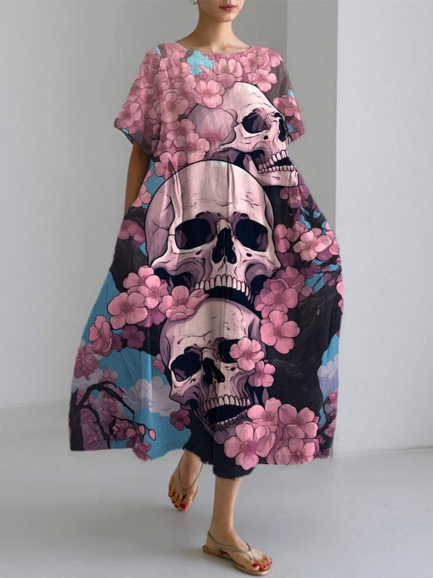 Japanese Art Skull Head Cherry Blossom Print Cotton Blend Dress