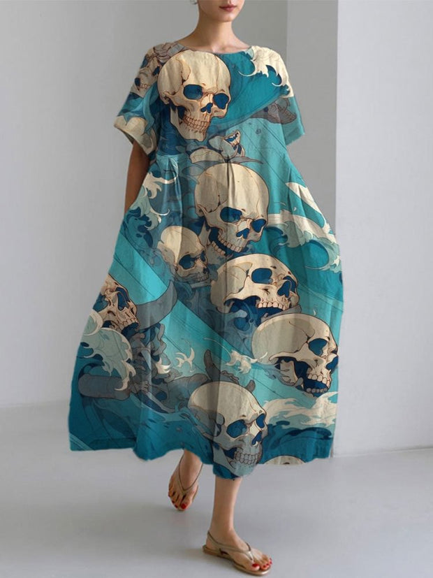 Japanese Art Skull Head Ocean Print Cotton Blend Dress