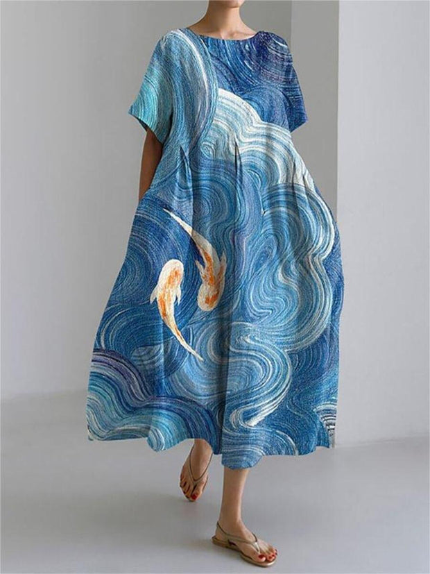 Japanese Art Wave Goldfish Print Casual Midi Dress