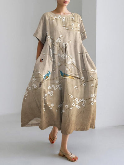 Japanese Bird & Flower Print Maxi Dress