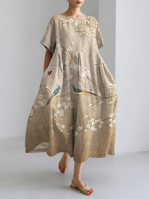 Japanese Bird & Flower Print Maxi Dress