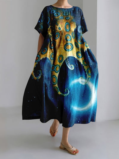 Japanese Blue Ringed Octopus Picking the Moon Art Linen Blend Casual Dress