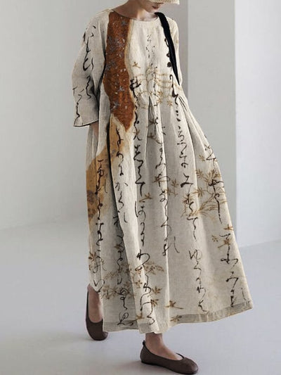 Japanese Calligraphy Art Linen Blend Maxi Dress