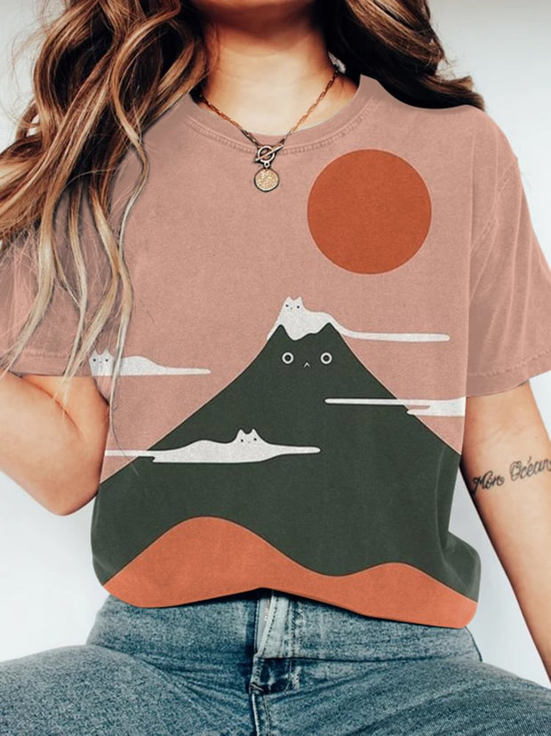 Japanese Cat Art Print Crew Neck T-Shirt