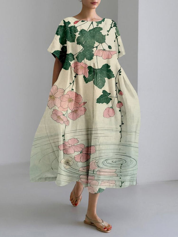 Japanese Chiyogami Inspired Pattern Linen Blend Maxi Dress