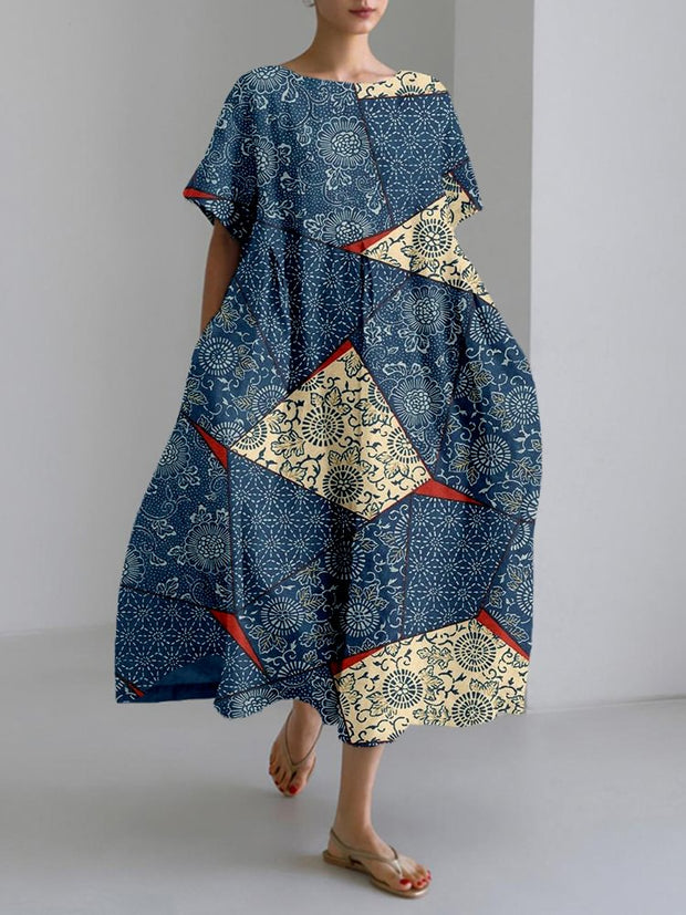 Japanese Chiyogami Inspired Pattern Linen Blend Maxi Dress