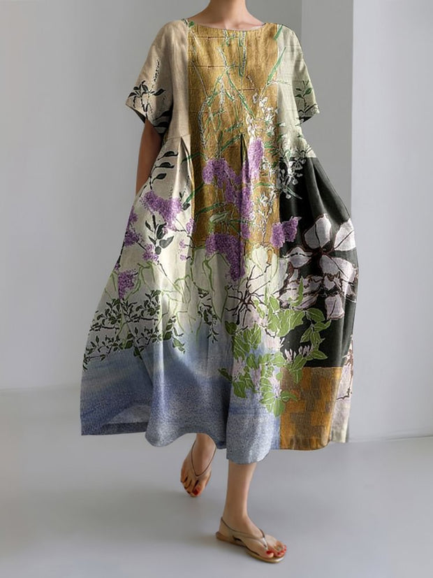 Japanese Color Block Floral Art Printed Crew Neck Casual Midi Dress
