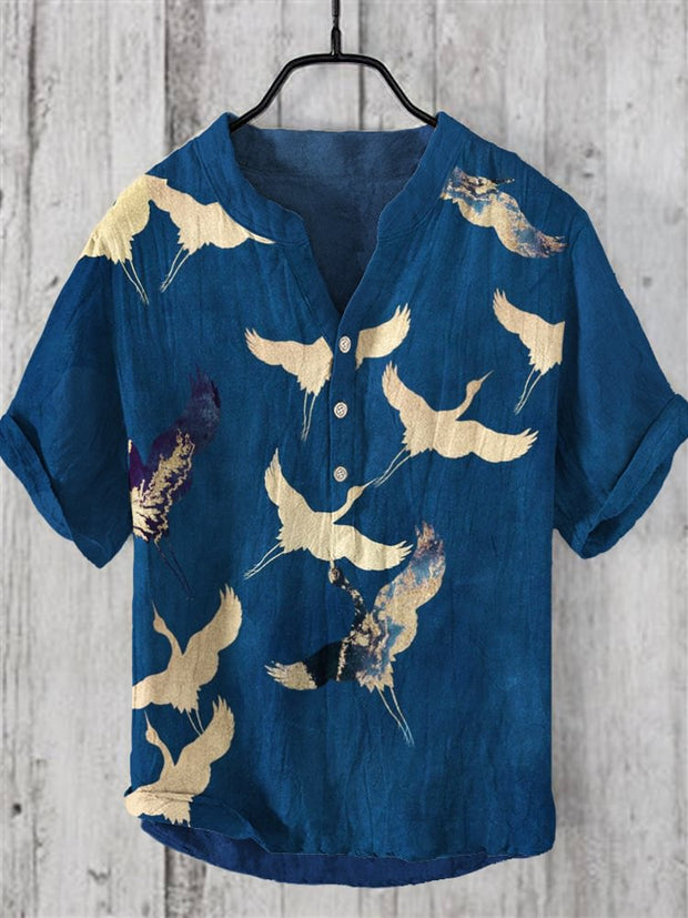 Japanese Crane Print Linen V-Neck Shirt