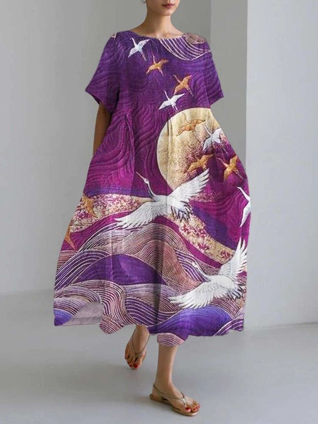 Japanese Crane Short Sleeve Linen Maxi Dress