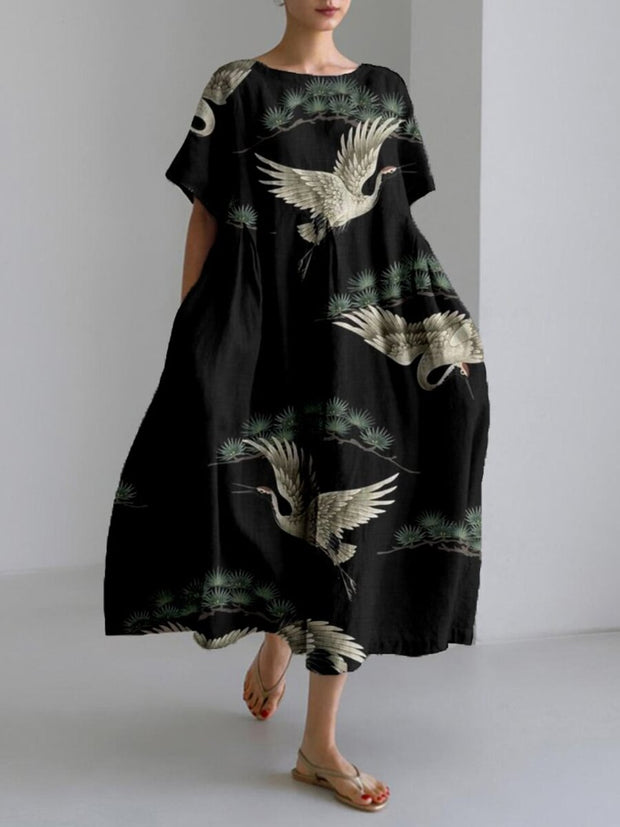 Japanese Cranes & Pine Art Linen Blend Midi Dress