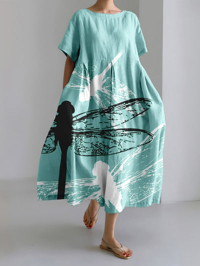 Japanese Dragonfly Art Linen Blend Casual Dress
