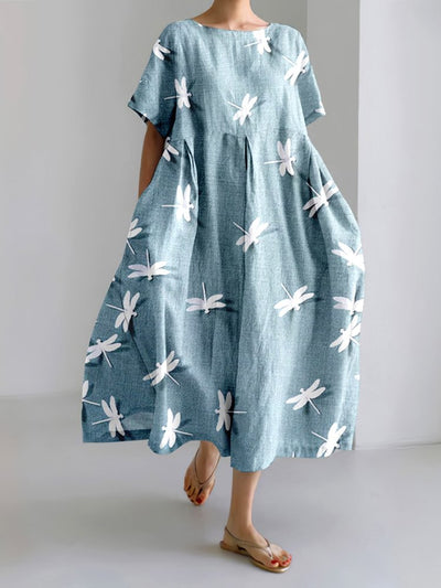 Japanese Dragonfly Sky Art Linen Blend Casual Dress