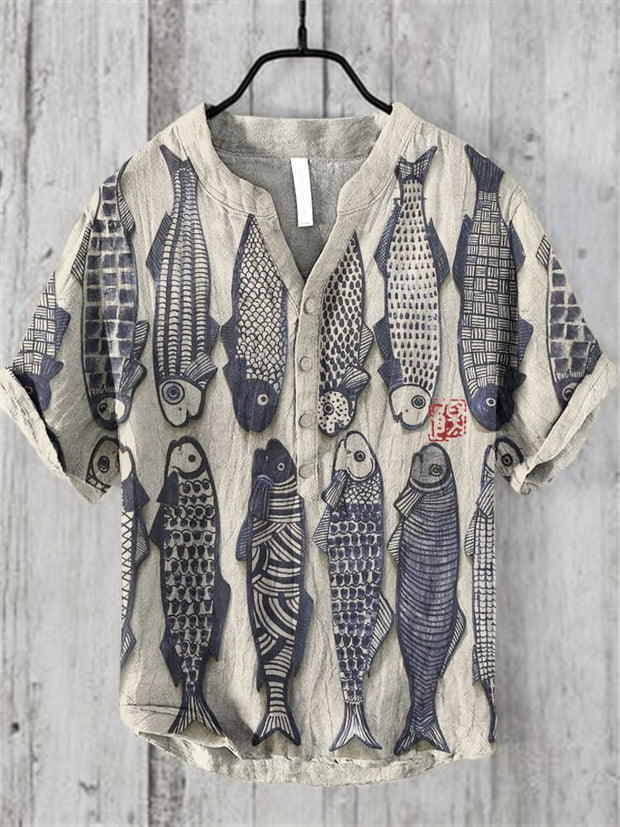 Japanese Fish Art Graphic Linen Blend Retro Shirt