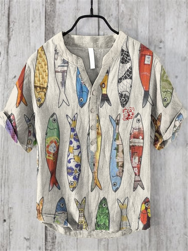 Japanese Fish Art Graphic Linen Blend Shirt