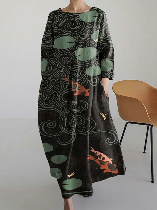 Japanese Fish Floral Print Round Neck Long Sleeve Dress