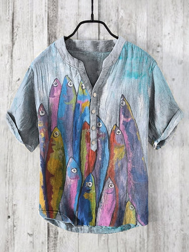 Japanese Fish Watercolor Art Printed Short Sleeve Shirt