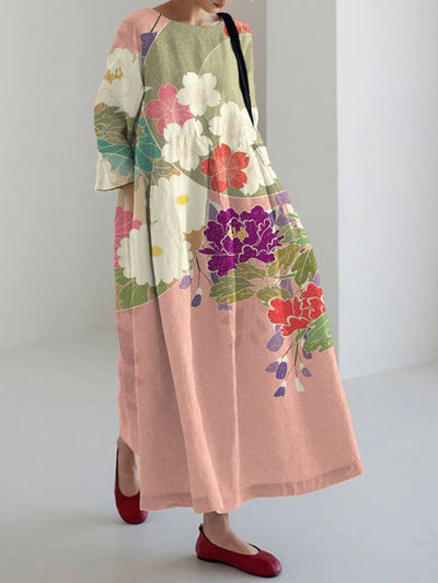 Japanese Floral Pattern Linen Blend Cozy Maxi Dress