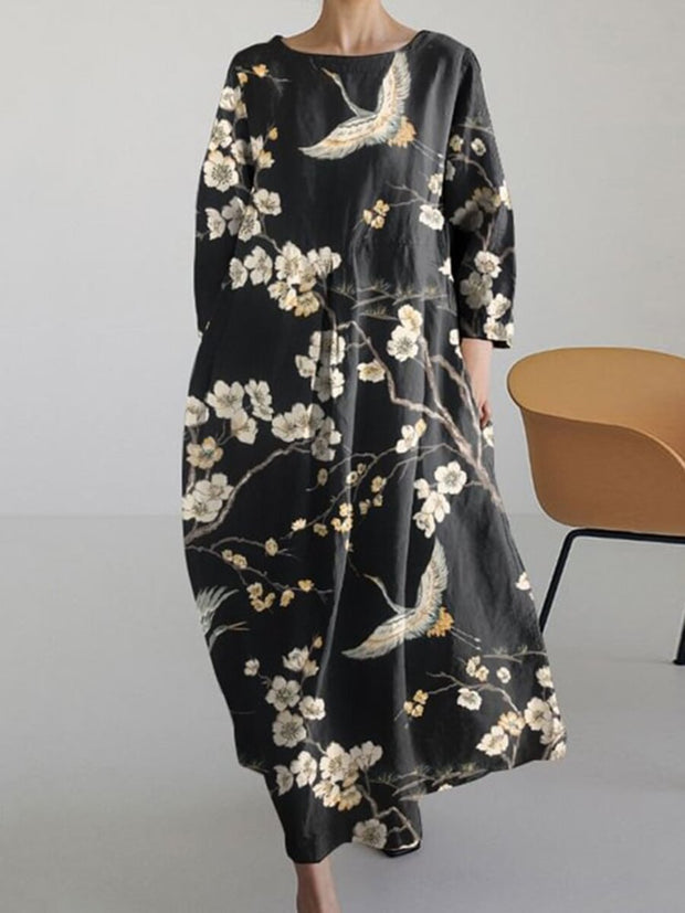 Japanese Floral Round Neck Long Sleeve Midi Dress