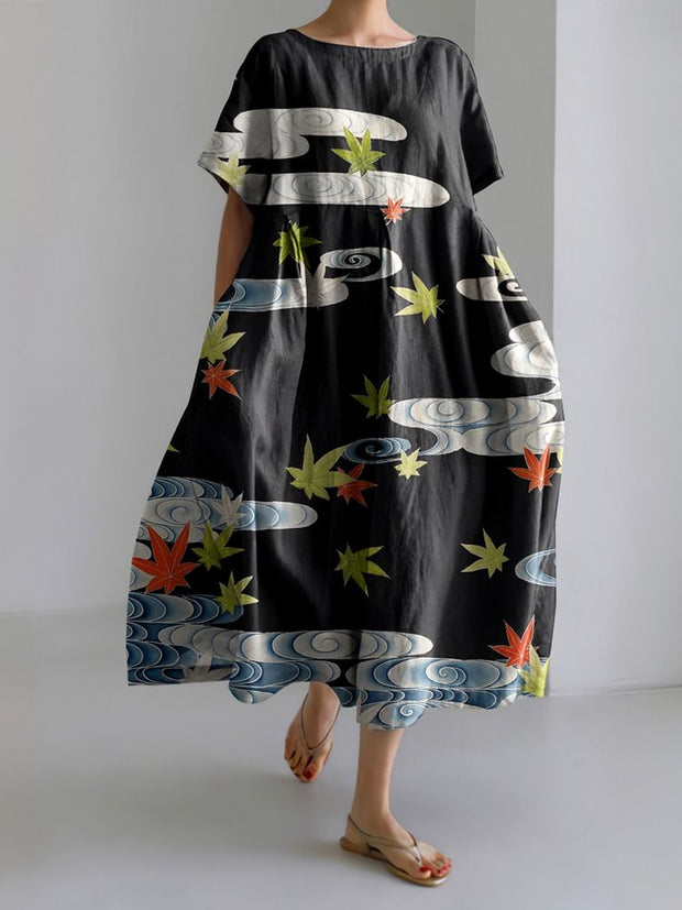 Japanese Flower Printed Linen Blend Maxi Dress