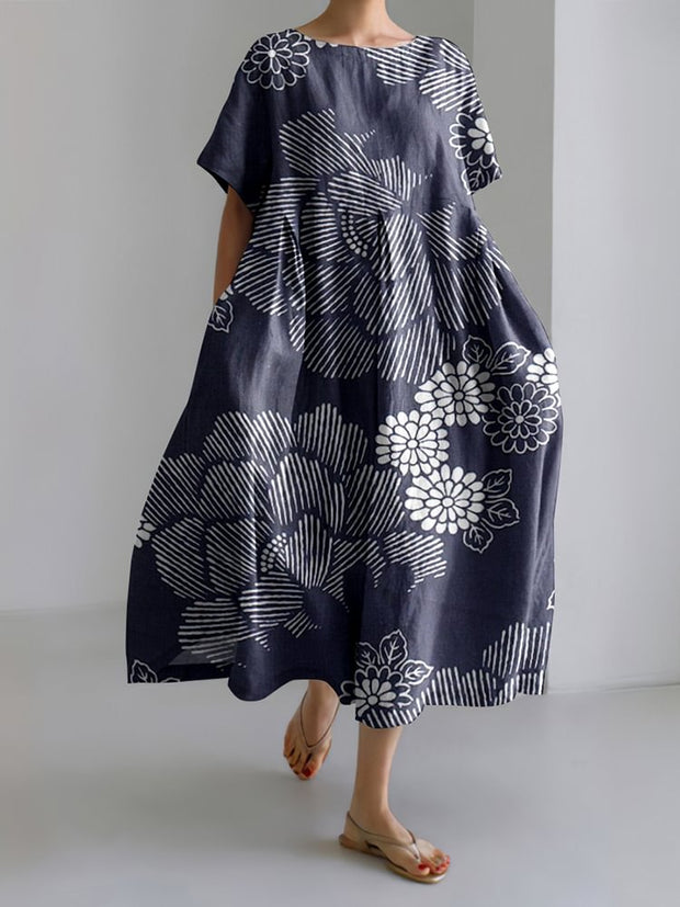 Japanese Flower Printed Linen Blend Maxi Dress