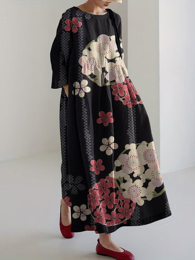 Japanese Flowers Art Linen Blend Long Sleeve Maxi Dress