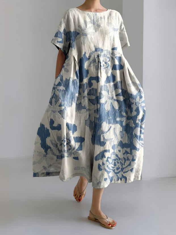 Japanese Flowers Printed Linen Blend Maxi Dress