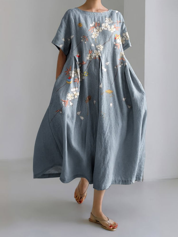 Japanese Flowers Printed Linen Blend Maxi Dress