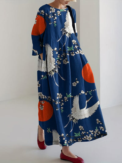 Japanese Flowers & Cranes Art Linen Blend Long Sleeve Maxi Dress