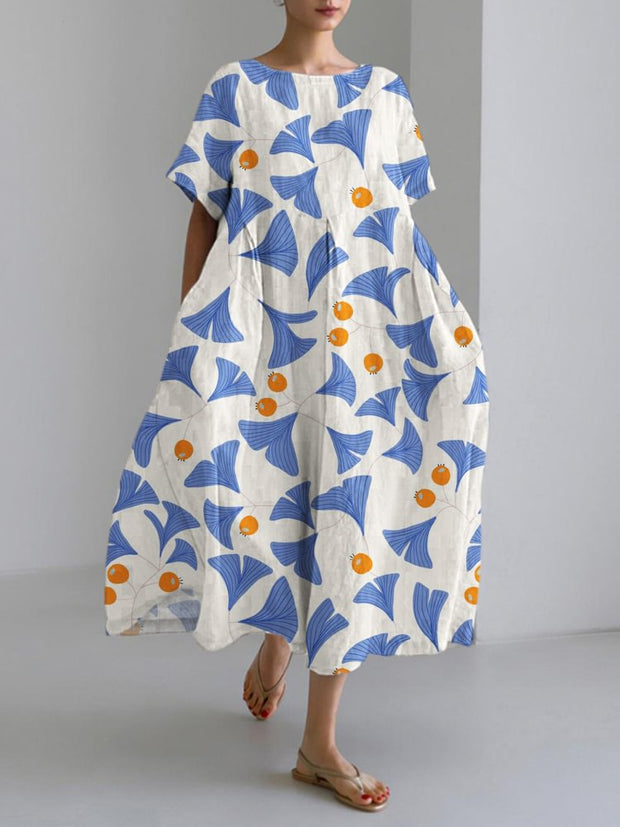 Japanese Ginkgo Biloba Pattern Linen Blend Maxi Dress