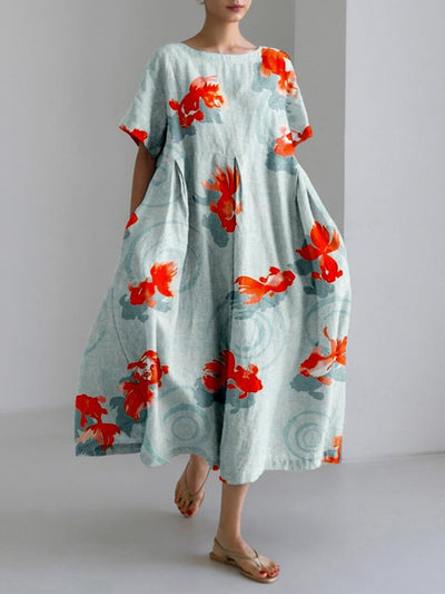 Japanese Goldfish Art Linen Blend Comfy Maxi Dress