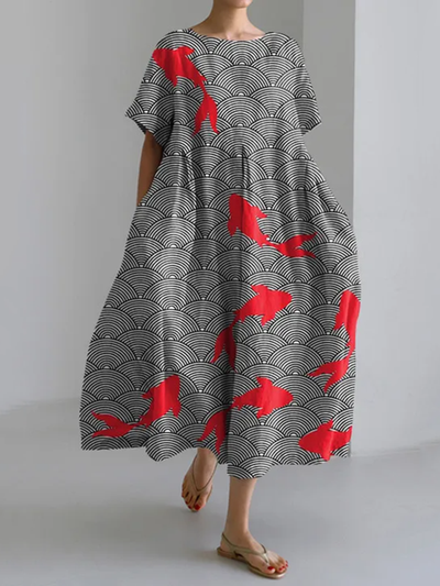 Japanese Goldfish Art Print Loose Short Sleeve Midi Dress