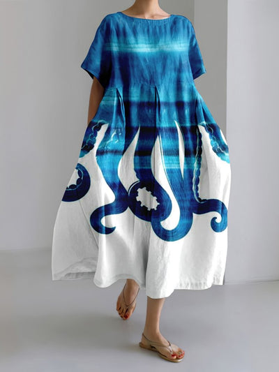 Japanese Gradient Ocean Octopus Art Linen Blend Casual Dress