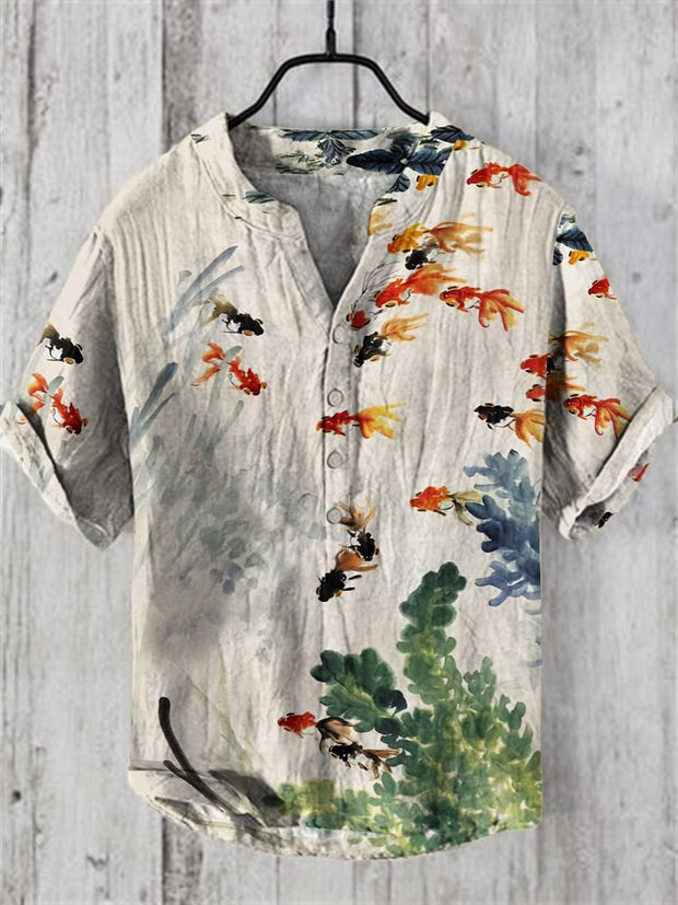 Japanese Ink Painting Of Watercolor Fish Art Linen Blend Cozy Shirt