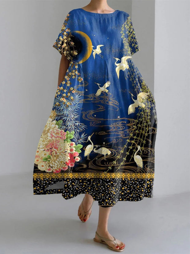 Japanese Landscape Art Short Sleeve Midi Dress