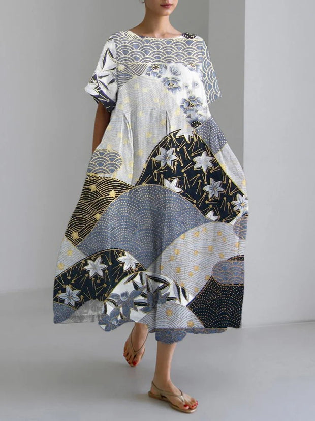 Japanese Landscape & Flower Print Linen Blend Maxi Dress