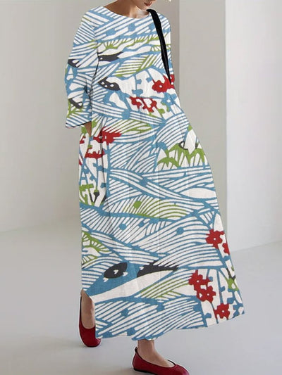Japanese Line Floral Print Linen Blend Maxi Dress