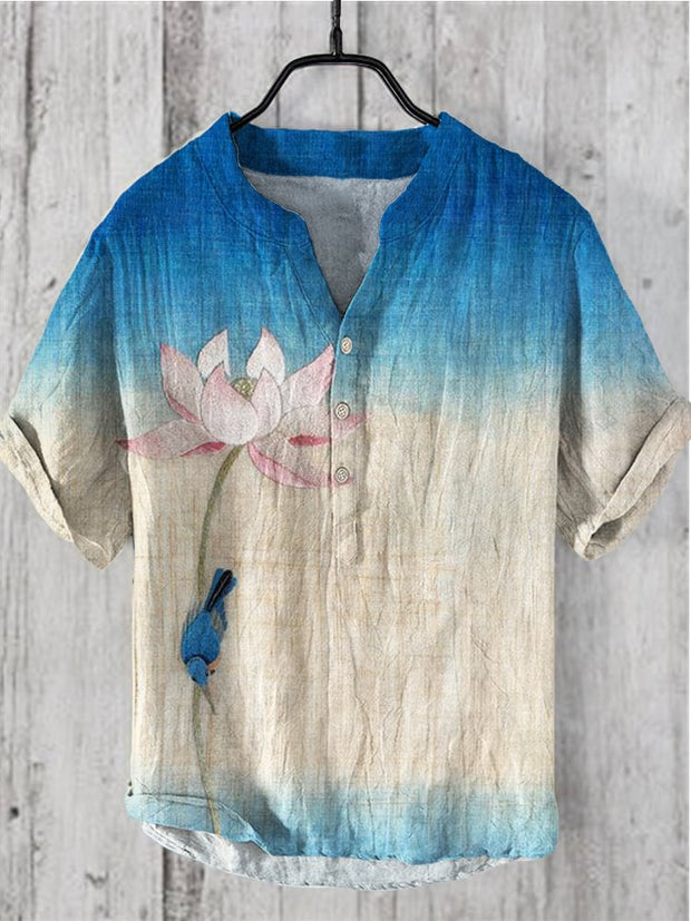 Japanese Lotus & Bird Embroidery Gradient Color Linen V-Neck Shirt